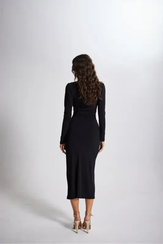 V Yaka Karpuz Kol Maxi Moonlight Elbise Siyah-Siyah - 5