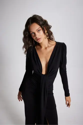 V Yaka Karpuz Qol Maksi Moonlight Ko'ylak Qora - 4