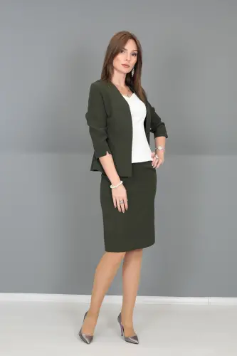 V Yaka Boydan Kuplu Kısa Ceket & Düz Dar Etek-Haki - Haki - 5
