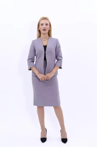 V Yaka Kısa Ceket & Qalam Yubka Kostyumi-Antrasit-Antrasit - 4