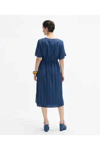 V Yaka Kısa Kollu Midi Boy Elbise-LACİVERT - 4