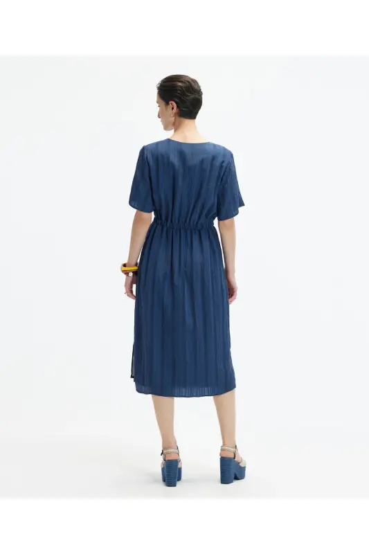 V Yaka Kısa Kollu Midi Boy Elbise-LACİVERT - 4