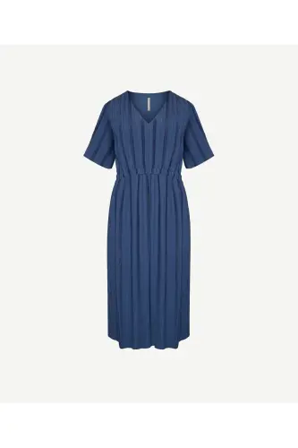 V Yaka Kısa Kollu Midi Boy Elbise-LACİVERT - 5