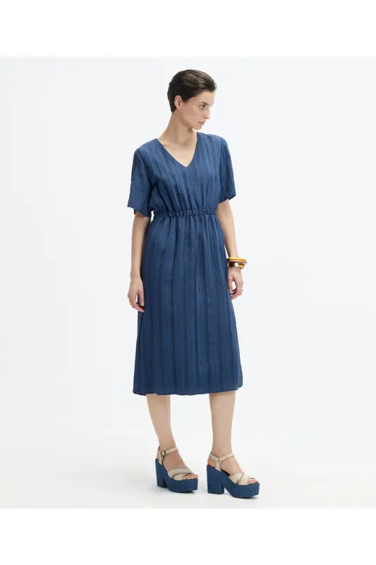 V Yaka Kısa Kollu Midi Boy Elbise-LACİVERT - 3