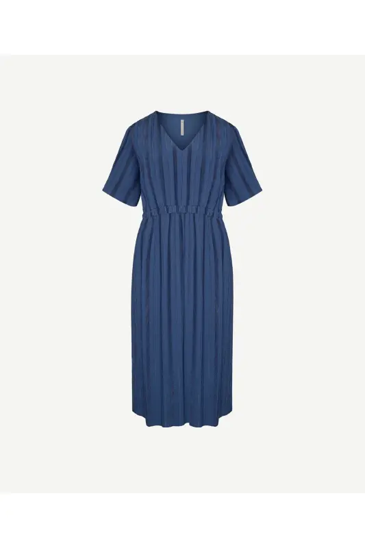 V Yaka Kısa Kollu Midi Boy Elbise-LACİVERT - 5