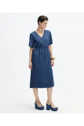 V Yaka Kısa Kollu Midi Boy Elbise-LACİVERT - 3