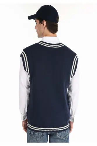 Regular Fit V Yaka Jakarlı Erkek Lacivert Kazak - LACİVERT - COLIN'S (1)