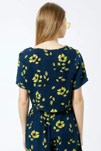 V Yaka Önü Bağlamalı Büzgülü Mavi Bluz - BÜYÜKBEDENIZ (1)