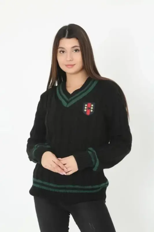 V Yaka Örgülü Kazak - Siyah - BÜYÜKBEDENIZ