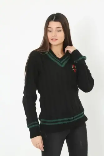 V Yaka Örgülü Kazak - Siyah - 2