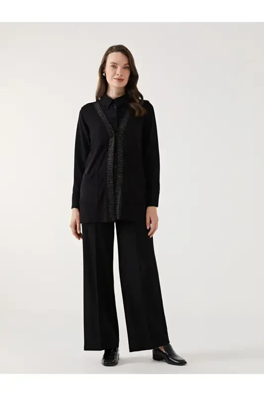 V Yaka Parlak Tasli Kadin Yelek - W4ED11Z8-SİYAH - 2