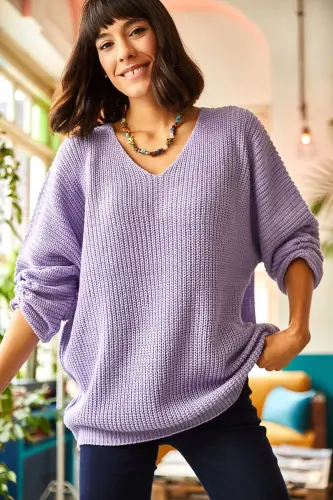 V Yaka Selanik O'rash Oversize Triko Kazak-Lila 