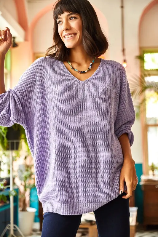 V Yaka Selanik O'rash Oversize Triko Kazak-Lila - 2