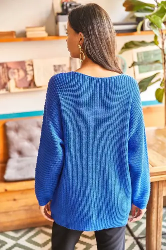 V Yaka Selanik Örgü Oversize Triko Kazak - Saks Mavi - 6