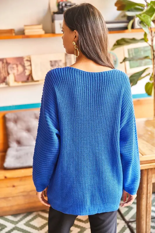 V Yaka Selanik Örgü Oversize Triko Kazak - Saks Mavi - 6