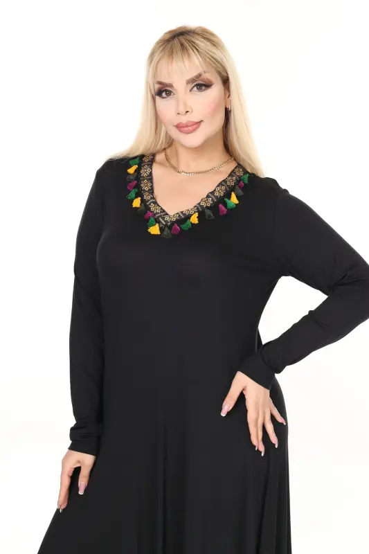 V Yaka Şeritli Asimetrik Viskon Örme Elbise-Siyah - 3