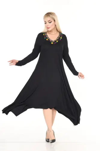 V Yaka Şeritli Asimetrik Viskon Örme Elbise-Siyah - 4