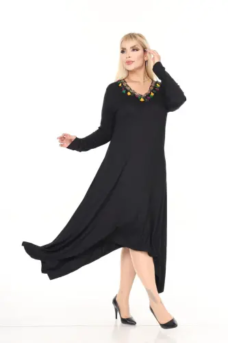 V Yaka Şeritli Asimetrik Viskon Örme Elbise-Siyah - 5