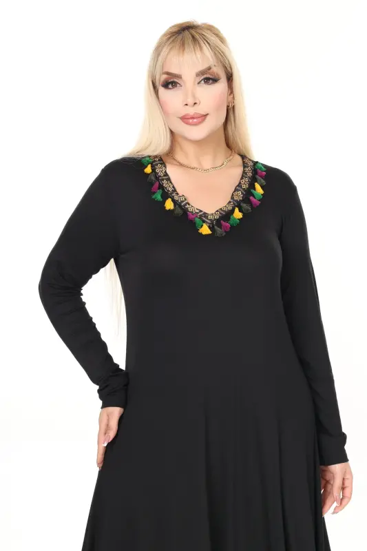 V Yaka Şeritli Asimetrik Viskon Örme Elbise-Siyah - 7