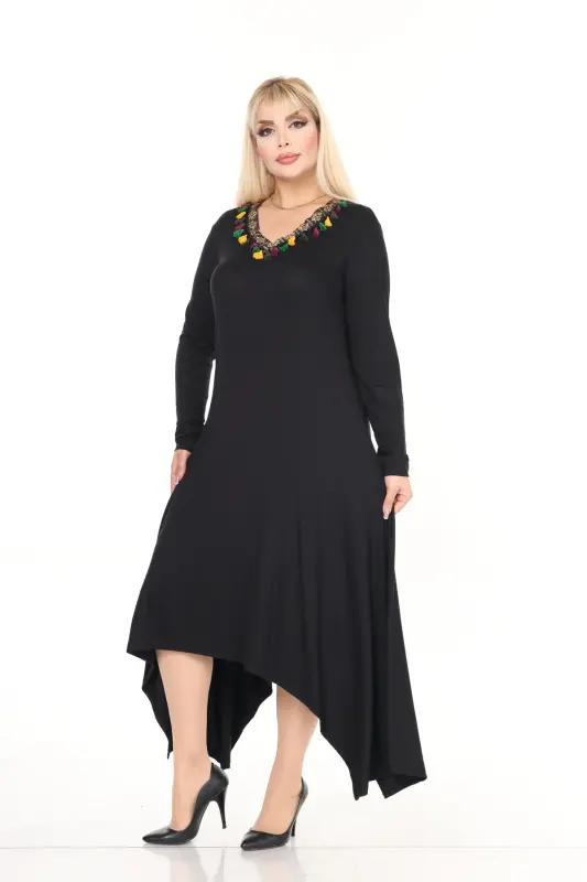 V Yaka Şeritli Asimetrik Viskon Örme Elbise-Siyah - MJORA