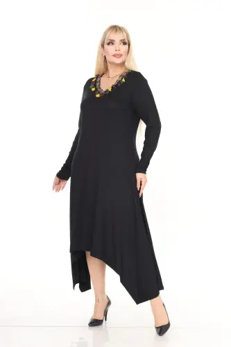 V Yaka Şeritli Asimetrik Viskon Örme Elbise-Siyah - 2