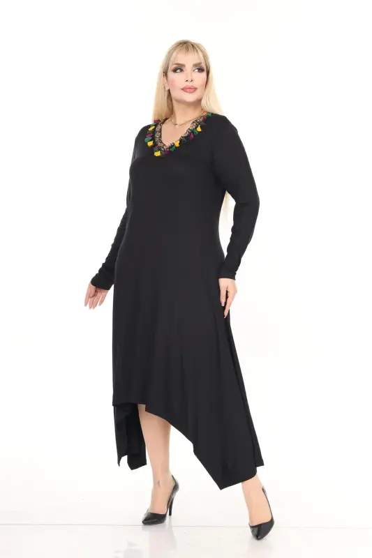 V Yaka Şeritli Asimetrik Viskon Örme Elbise-Siyah - 2