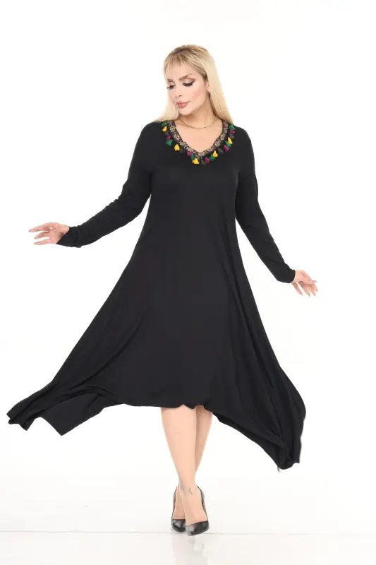 V Yaka Şeritli Asimetrik Viskon Örme Elbise-Siyah - 4