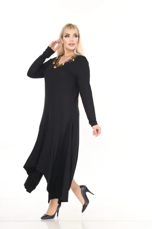 V Yaka Şeritli Asimetrik Viskon Örme Elbise-Siyah - 6