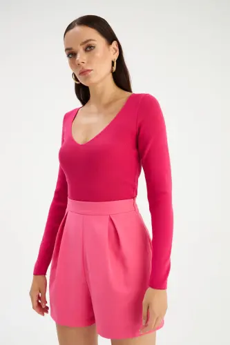 V Yaka Triko Crop - Fuşya-FUŞYA - 3