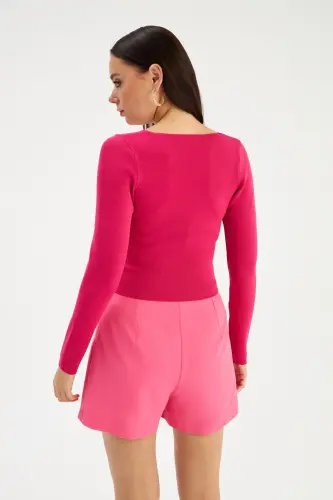 V Yaka Triko Crop - Fuşya-FUŞYA - 5