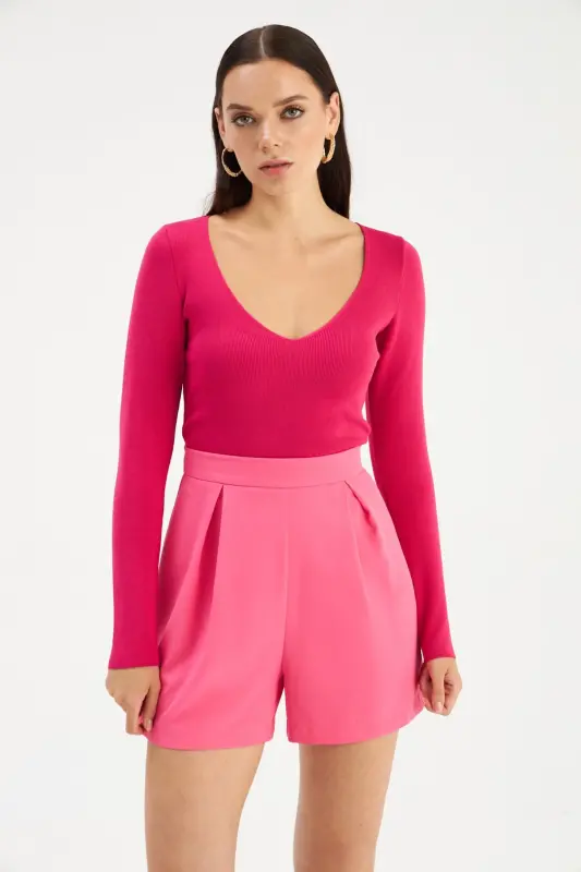 V Yaka Triko Crop - Fuşya-FUŞYA - SATEEN