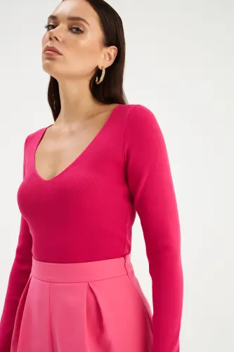 V Yaka Triko Crop - Fuşya-FUŞYA - SATEEN (1)