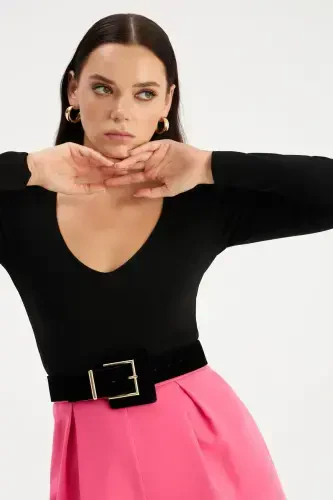 V Yaka Crop Triko - Siyah-SİYAH - SATEEN (1)