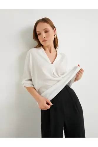 V Yoqa Bluz Qatlanadigan Yengli Regular Fit - Xom Och Rang - 1