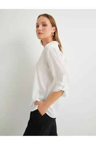 V Yoqa Bluz Qatlanadigan Yengli Regular Fit - Xom Och Rang - 3