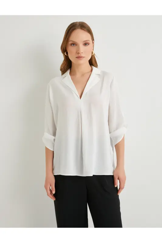 V Yoqa Bluz Qatlanadigan Yengli Regular Fit - Xom Och Rang - 4