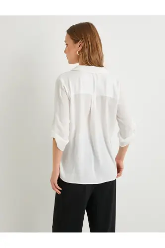 V Yoqa Bluz Qatlanadigan Yengli Regular Fit - Xom Och Rang - 5