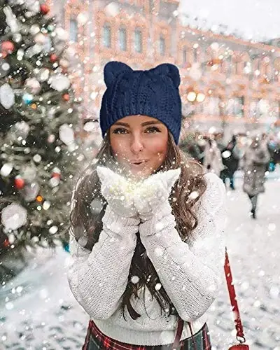 v28 Ayollar Erkaklar Qizlar Bolalar O'smirlar Chiroyli Mushuk Qulog'i Trikotaj Kabel Qovurg'a Shlyapa Qalpog'i Beanie - 4