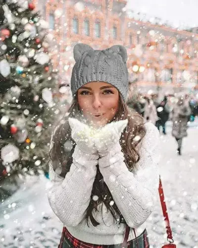 v28 Ayollar Erkaklar Qizlar Bolalar O'smirlar Chiroyli Mushuk Quloqli Trikotaj Kabel Qovurg'a Shlyapa Beanie - 4