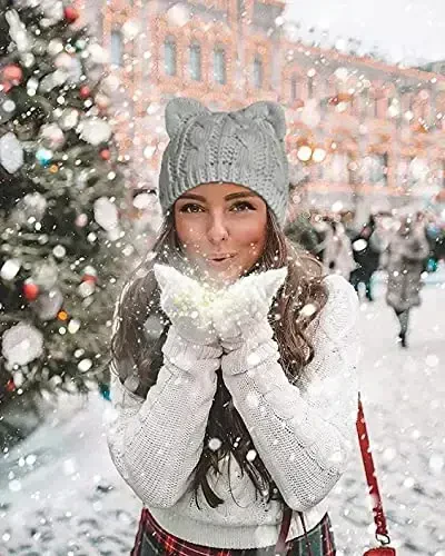 v28 Ayollar Erkaklar Qizlar Bolalar O'smirlar Yoqimli Mushuk Qulog'i Trikotaj Kabel Qovurg'a Shlyapa Shapka Beanie - 4