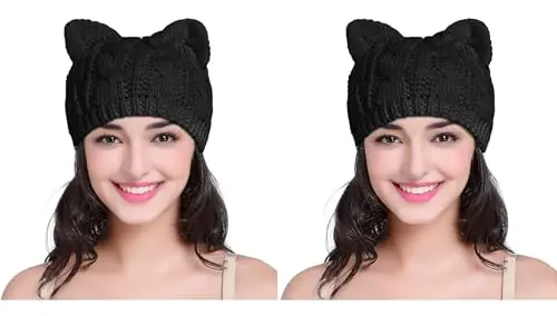 v28 Women Men Girls Boys Teens Cute Cat Ear Knit Cable Rib Hat Cap Beanie 