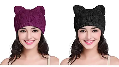 v28 Women Men Girls Boys Teens Cute Cat Ear Knit Cable Rib Hat Cap Beanie - V28