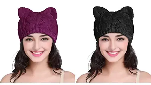 v28 Women Men Girls Boys Teens Cute Cat Ear Knit Cable Rib Hat Cap Beanie - 1