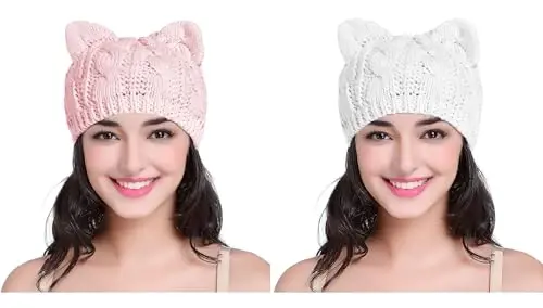 v28 Women Men Girls Boys Teens Cute Cat Ear Knit Cable Rib Hat Cap Beanie 
