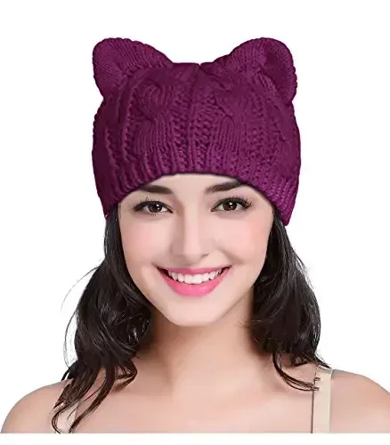 v28 Women Men Girls Boys Teens Cute Cat Ear Knit Cable Rib Hat Cap Beanie - 1