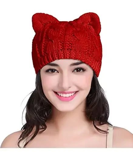 v28 Women Men Girls Boys Teens Cute Cat Ear Knit Cable Rib Hat Cap Beanie - 1