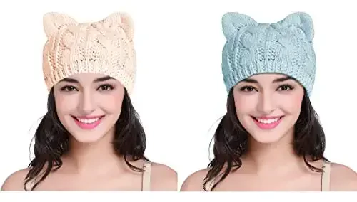 v28 Women Men Girls Boys Teens Cute Cat Ear Knit Cable Rib Hat Cap Beanie - 1