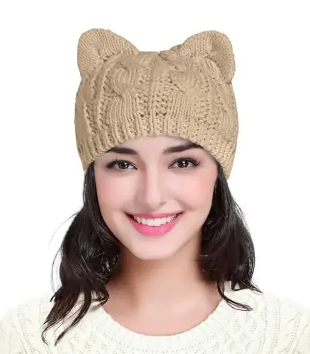 v28 Women Men Girls Boys Teens Cute Cat Ear Knit Cable Rib Hat Cap Beanie - 1