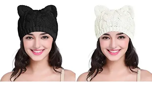 v28 Women Men Girls Boys Teens Cute Cat Ear Knit Cable Rib Hat Cap Beanie - 1