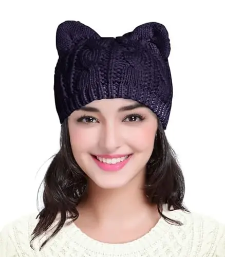 v28 Women Men Girls Boys Teens Cute Cat Ear Knit Cable Rib Hat Cap Beanie - 1